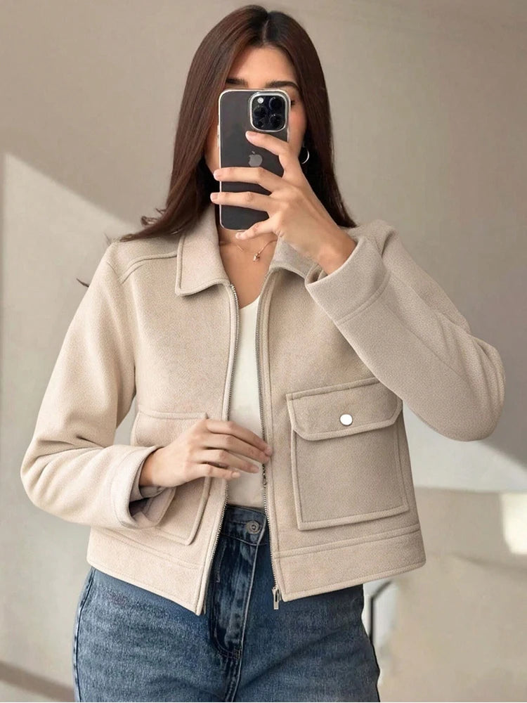 Zipper Winter Long Sleeve Pocket Outerwear Elegant Jacket Coat