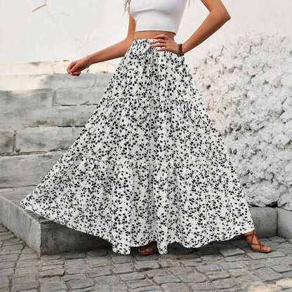High Waist Floral Print  Maxi Skirt Long Ruffle Boho Skirt