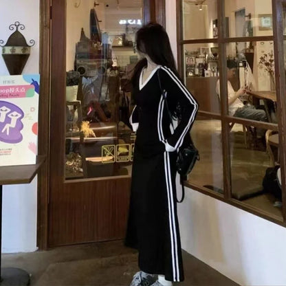 Midi Black Vintage Korean Style Elastic Long Sleeved Sports Dress