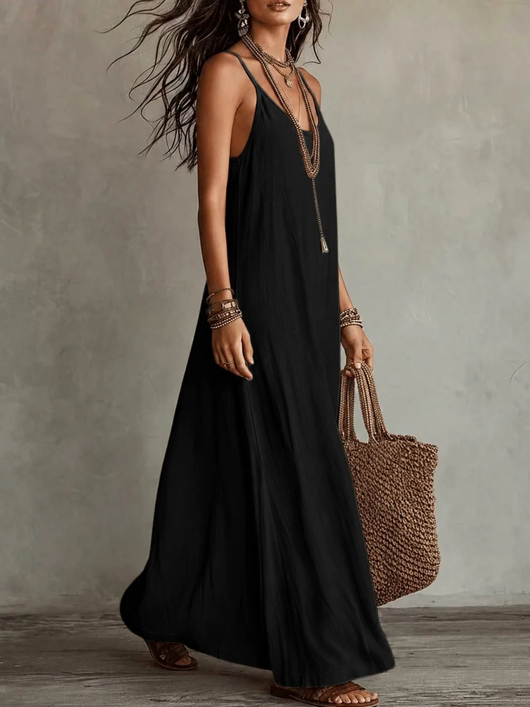 Loose Stain A-Line Long Dress with Thin Straps