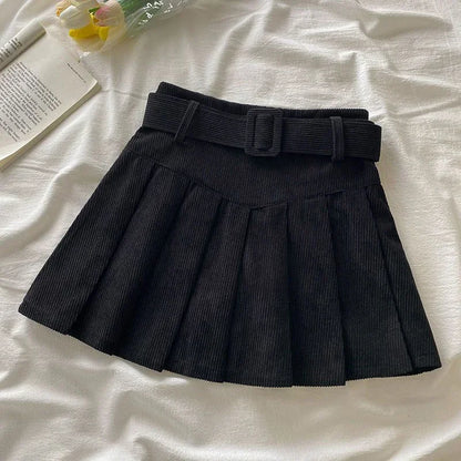 Cord Belted Pleated Texture Corduroy Box Pleat Mini Skirt