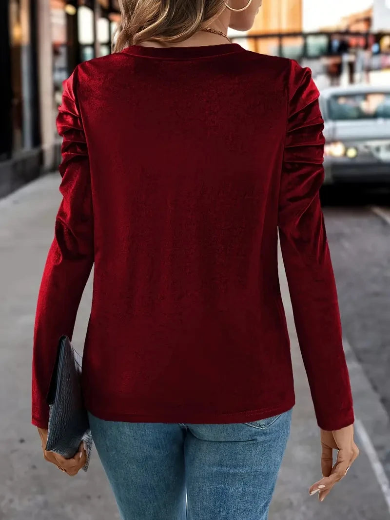 Autumn Round Neck Puff Long Sleeve Velvet Fashion Top T-shirt
