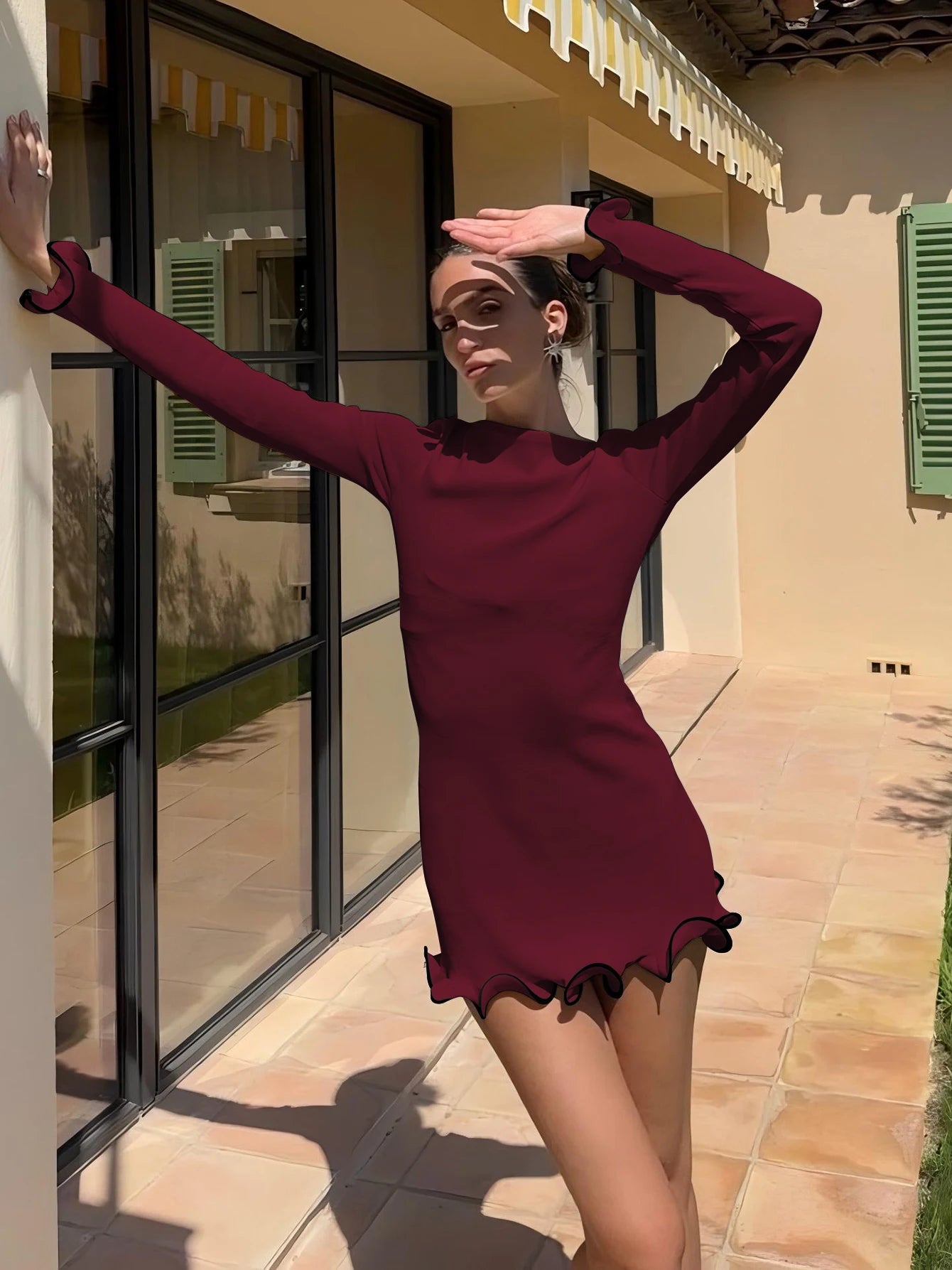 O-Neck Long Sleeves Ruffles Mini Dress