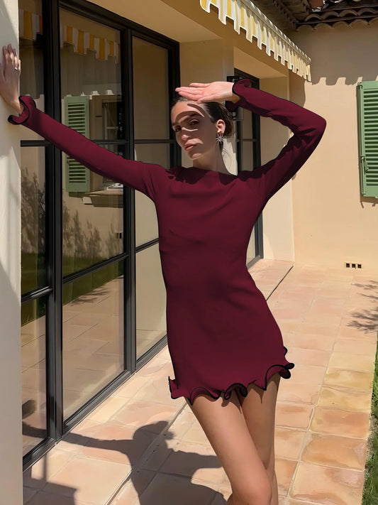 O-Neck Long Sleeves Ruffles Mini Dress