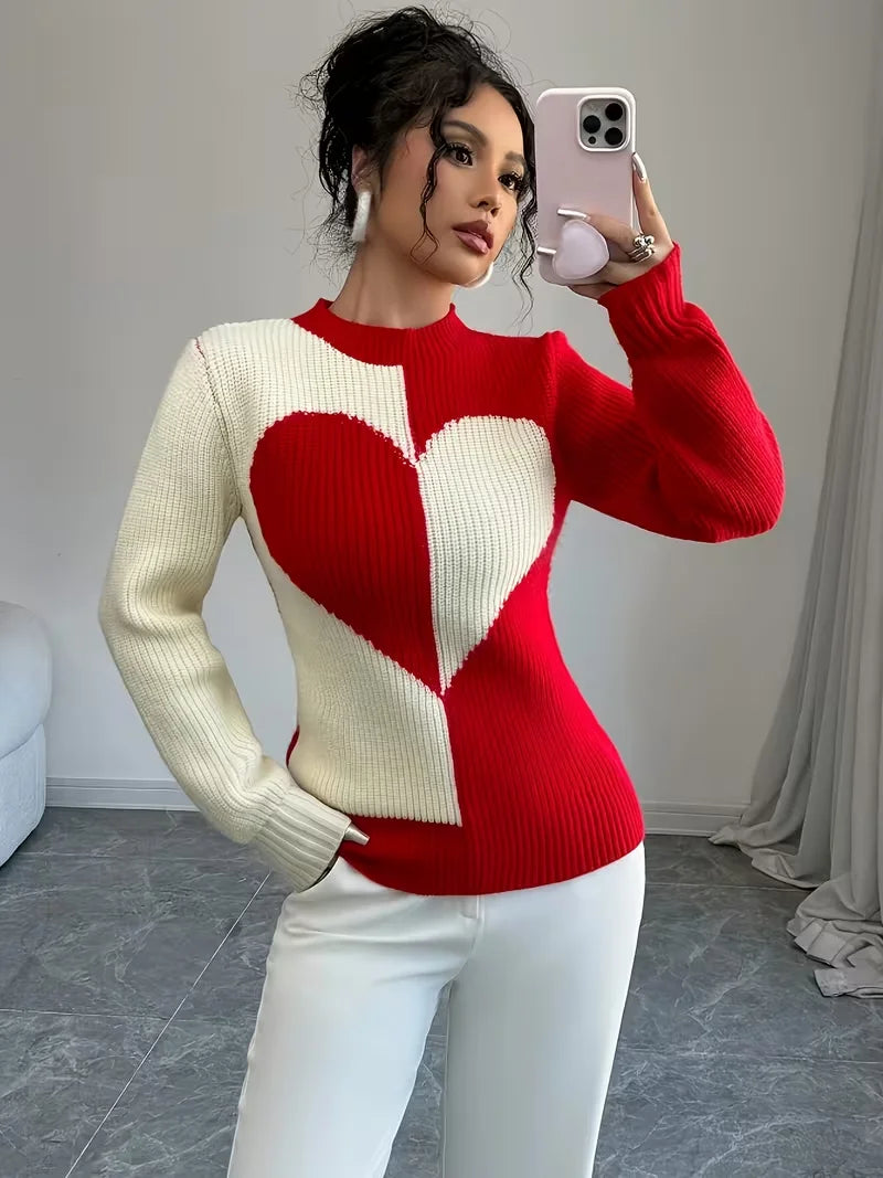 Colour-Block Heart Pattern Knitted Round Neck Long-Sleeve Casual Sweaters