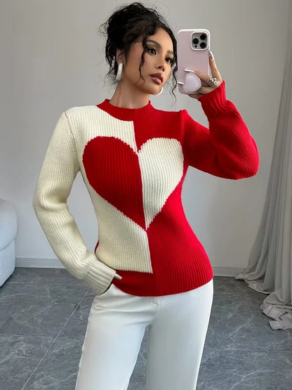 Colour-Block Heart Pattern Knitted Round Neck Long-Sleeve Casual Sweaters