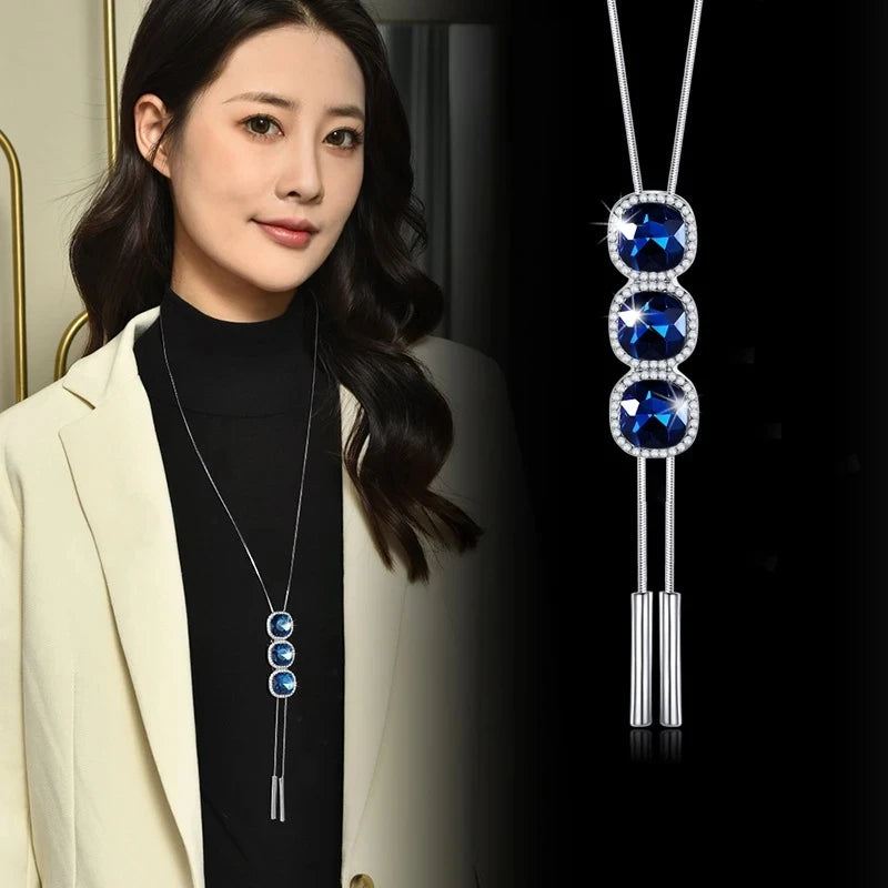 Luxury Jewelry Blue Crystal Tassel Long Necklace