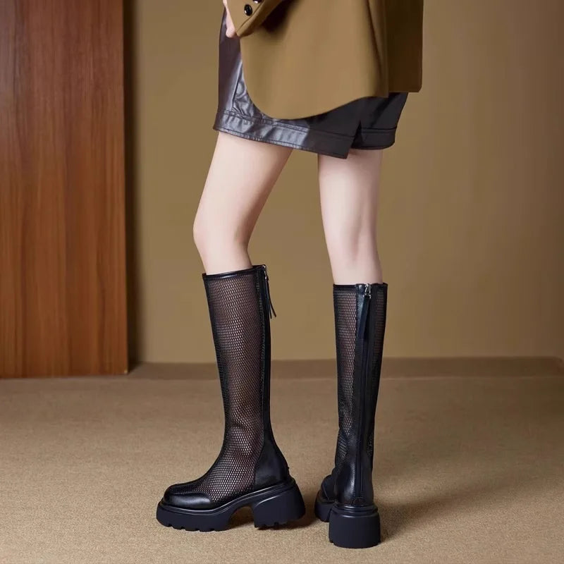 Platform Mesh High Back Zipper Chunky Heel  Boots