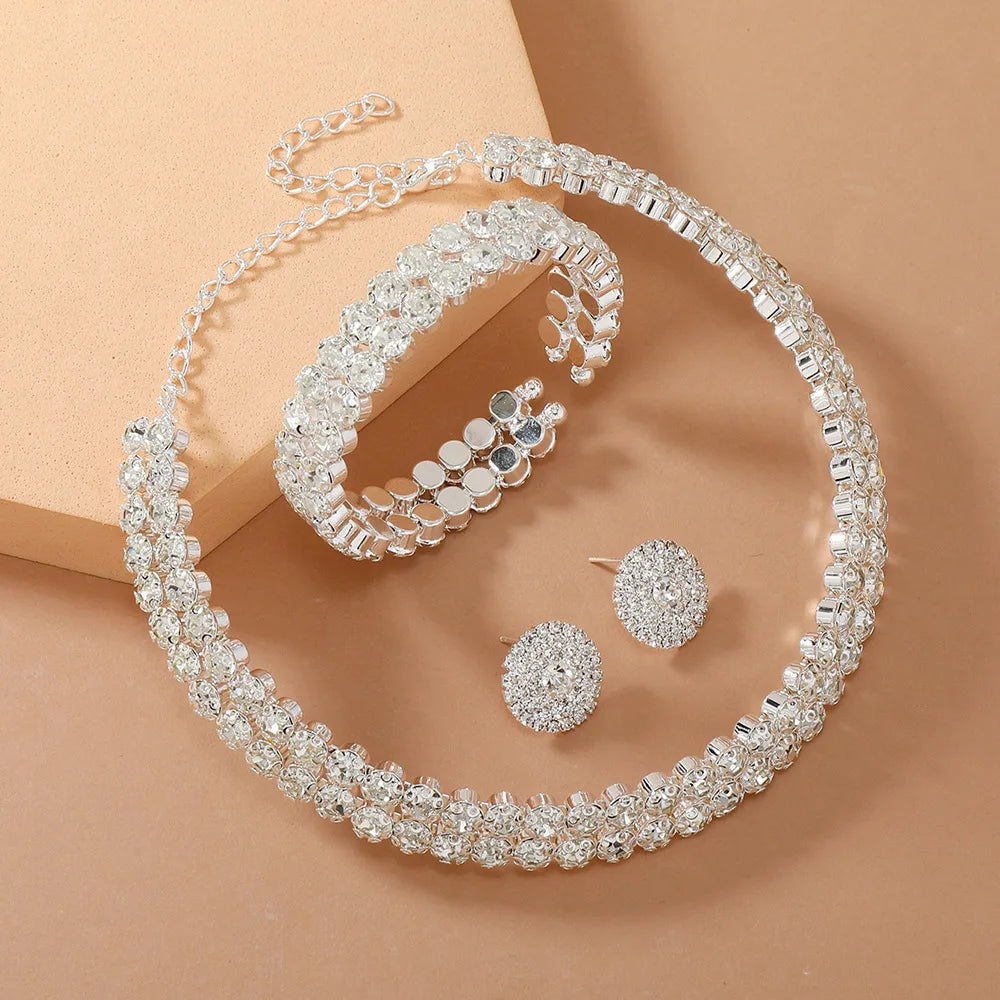 Double Layer Choker Necklace Full Rhinestone Cuff Set