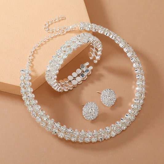 Double Layer Choker Necklace Full Rhinestone Cuff Set