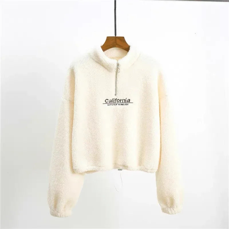 Letter Embroidery Stand Neck Fleece Long Sleeve Pullover