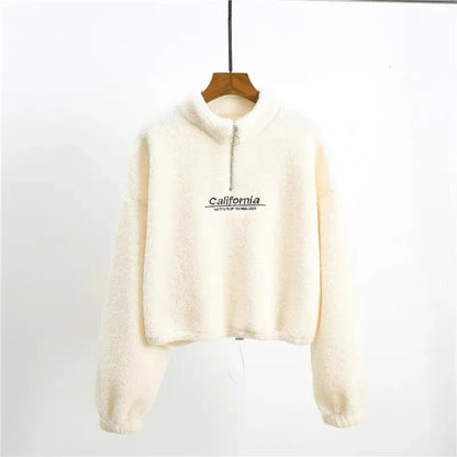 Letter Embroidery Stand Neck Fleece Long Sleeve Pullover