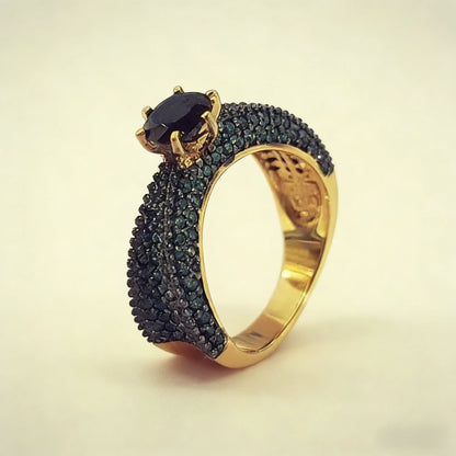 Luxury Gold Plated Black Stone Green Stone Engagement Ring Set