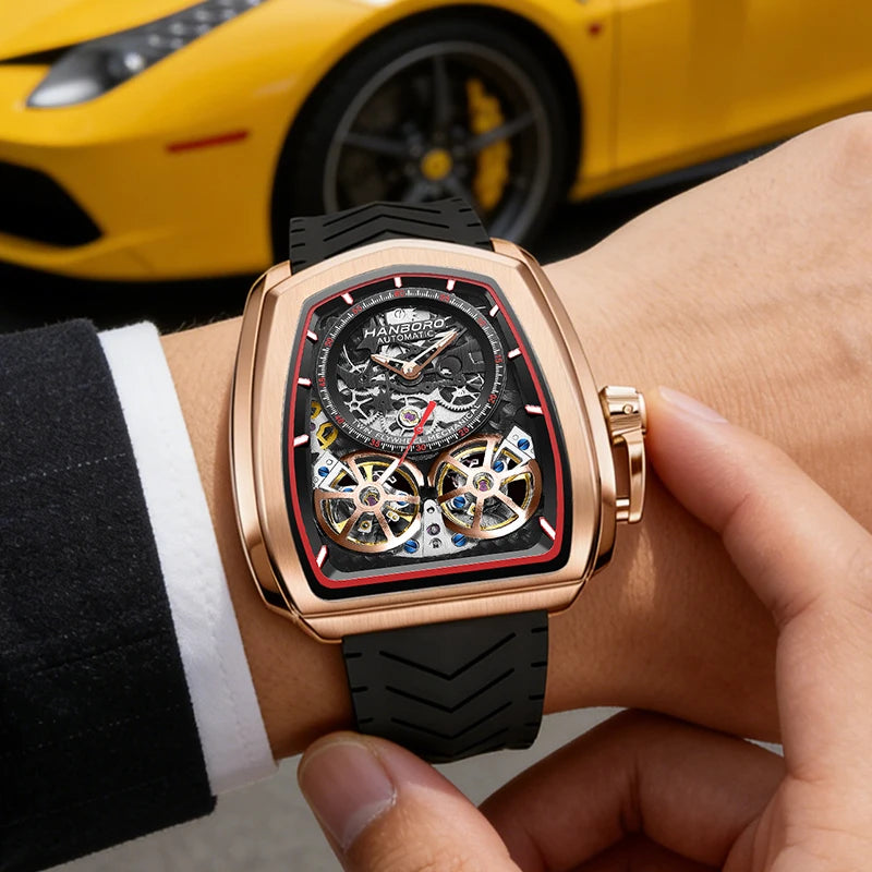 Double Flying Wheel Skeleton Luxury Automatic Mechanical Stainless Steel Silicone