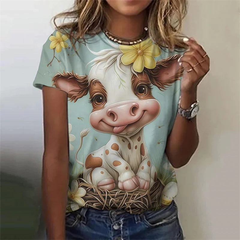 Cute Cow Donkey Pattern Flower Animals 3D Printed T Shirts