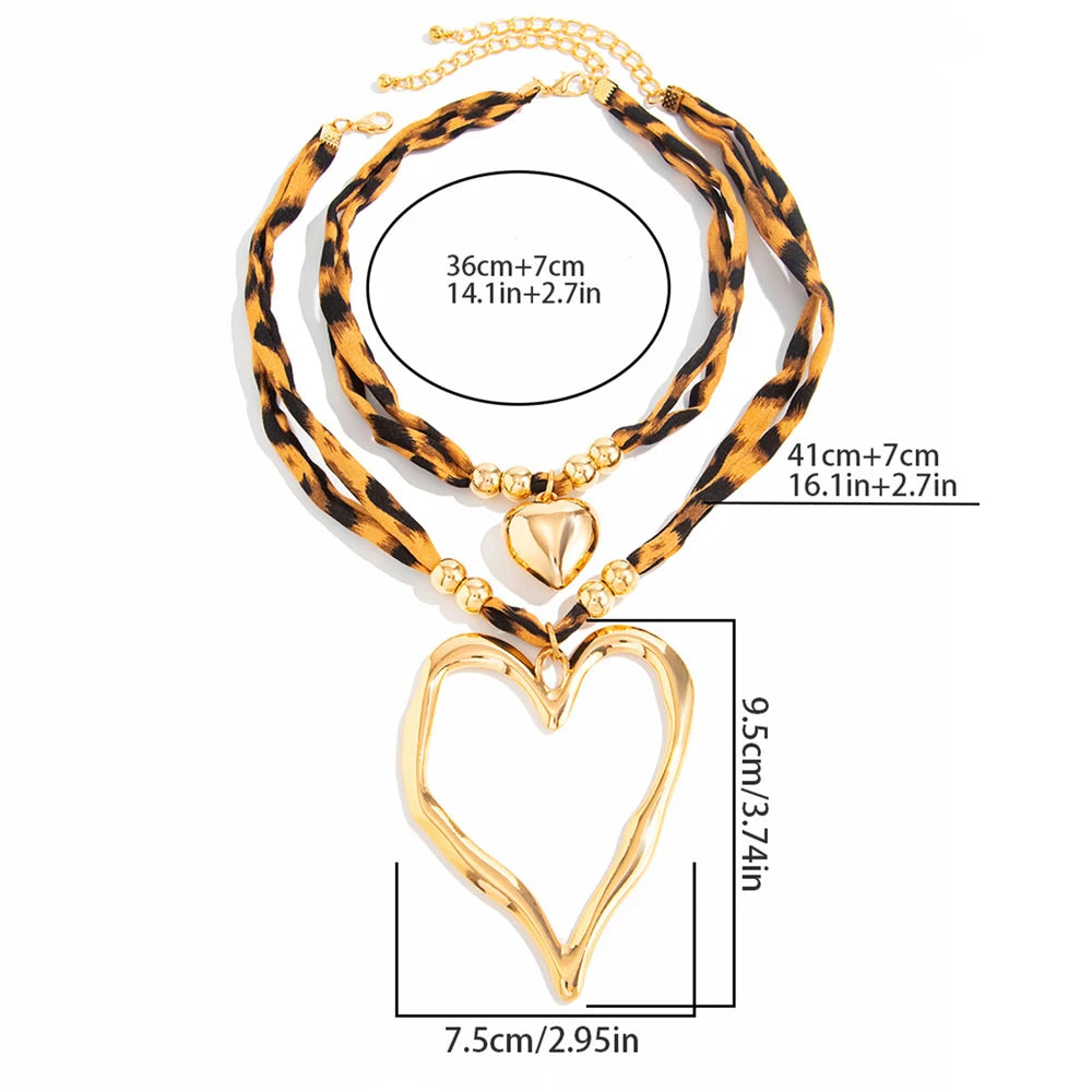 Layered Leopard Print Heart Choker Necklace Set