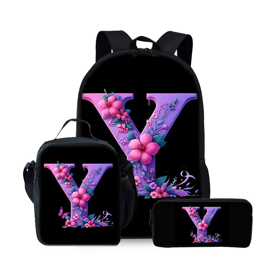 English Alphabet Pattern 2D Flat Cartoon School Backpack Three Piece Set
