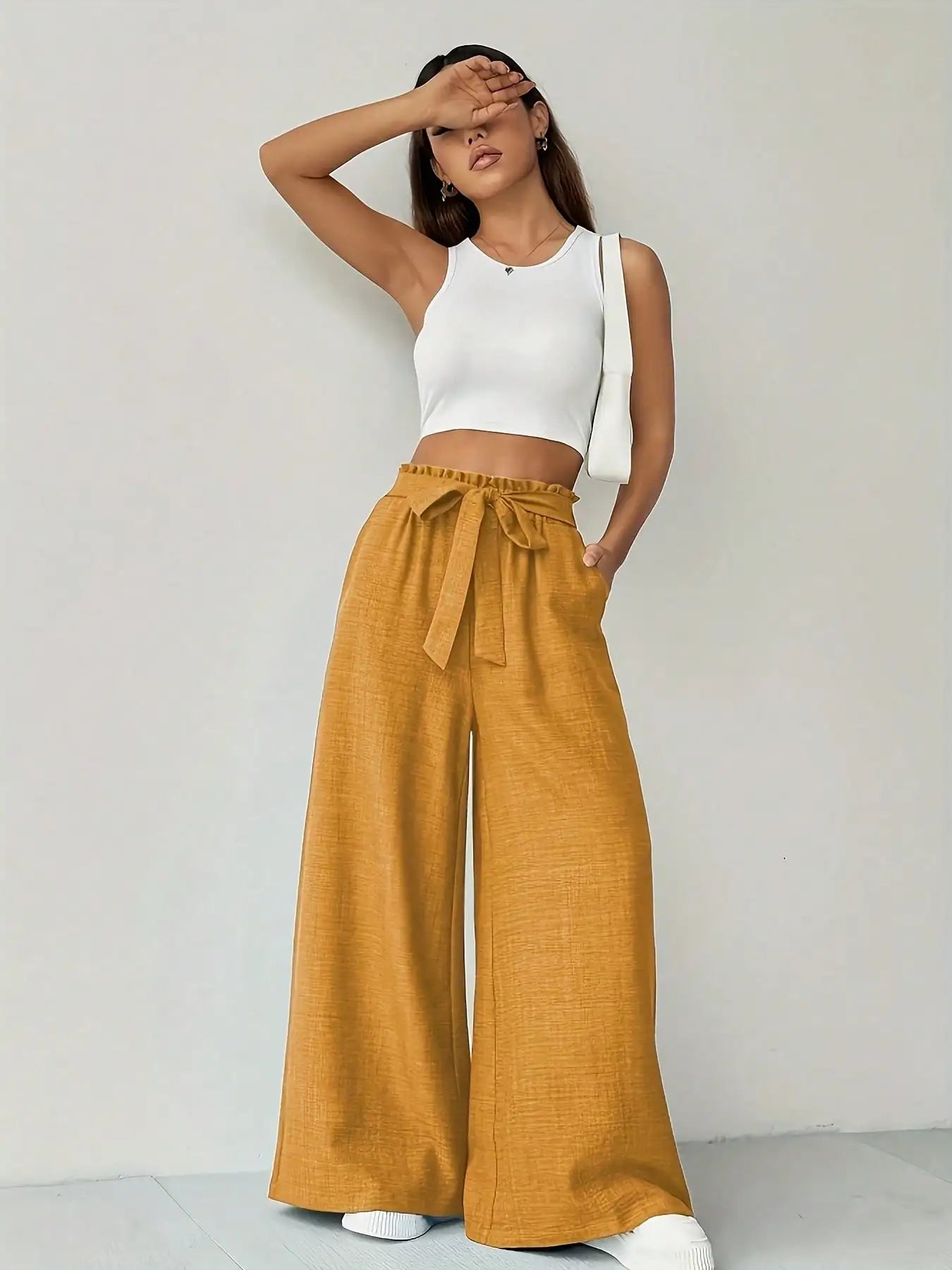 Versatile Solid Color High Waist Slim Fit Wide Leg Pants