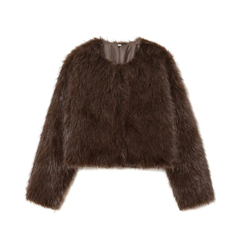 Faux fur Fall/Winter Effect Round Neck Long Sleeve Short Jacket