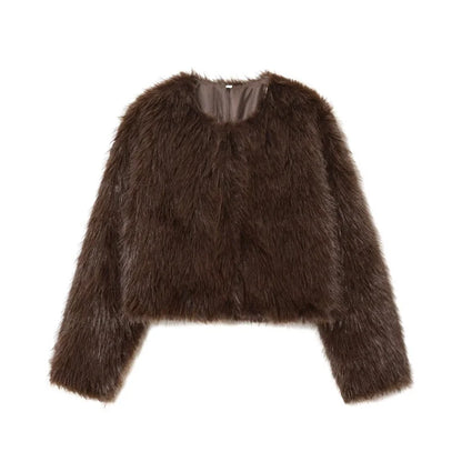 Faux fur Fall/Winter Effect Round Neck Long Sleeve Short Jacket