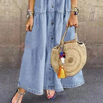 Short Sleeve Button Long Loose Dress