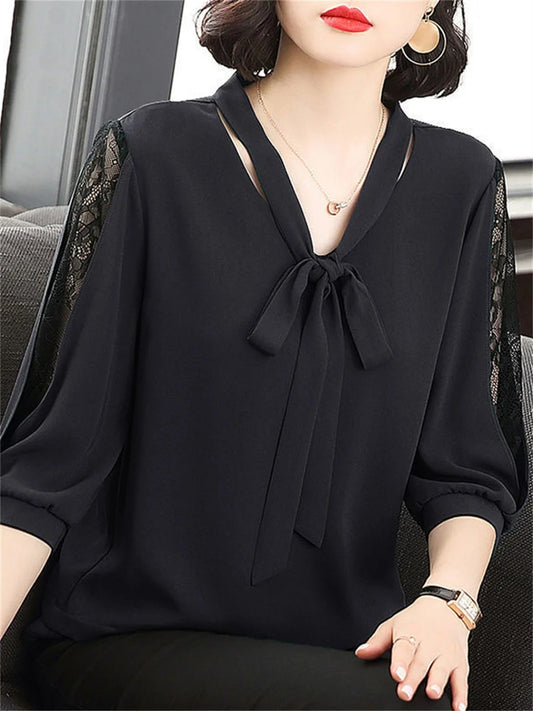 Bow Tie Colloar Half Lace Sleeve Loose Blouses
