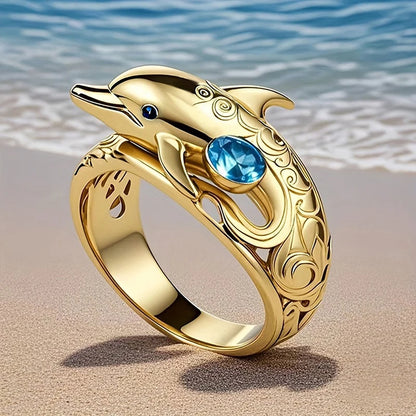 Huitan Fresh Dolphin Design Inlaid Shining Blue CZ Rings