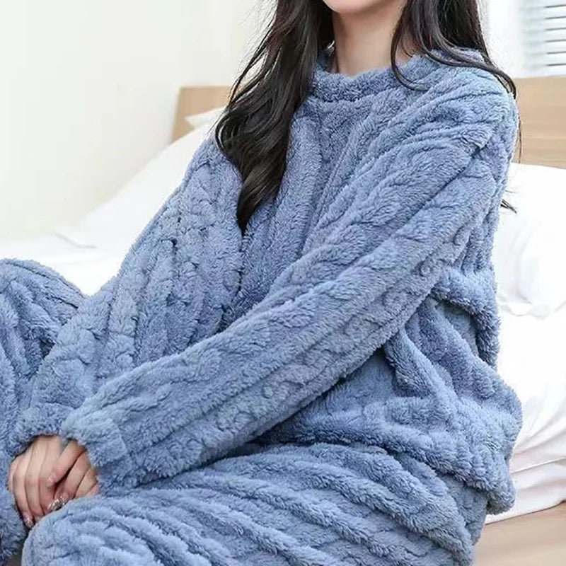 Solid Warm Thicken Velvet Ribbed Fleece Set Pajama