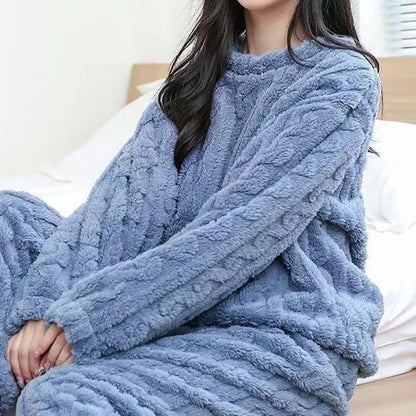 Solid Warm Thicken Velvet Ribbed Fleece Set Pajama