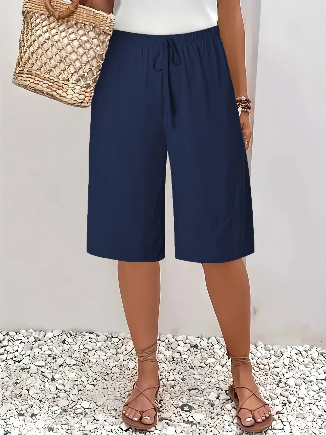 Elastic Waist Drawstrings Casual Wide Leg Knee Length Pants‌