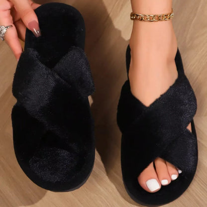 Cross Band Fur Fluffy Slipper