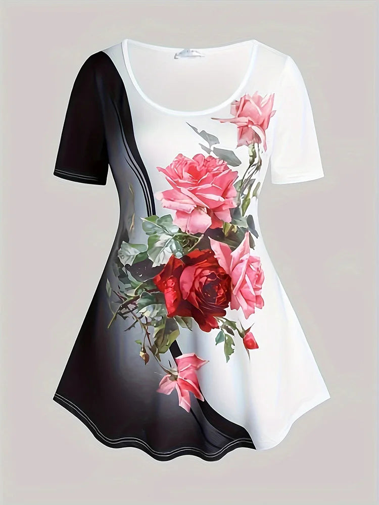 Plus Size Large Casual Rose Flower Print Oversized Slim Fit Set