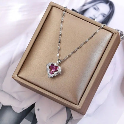 Colorful Crystal Ocean Heart Pendant Necklace Jewelry