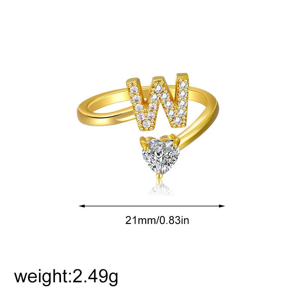Gold Letter Open Heart Shape Cubic Zirconia  A-Z 26 Letter  Lnitials Rings