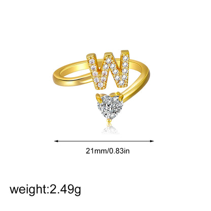 Gold Letter Open Heart Shape Cubic Zirconia  A-Z 26 Letter  Lnitials Rings