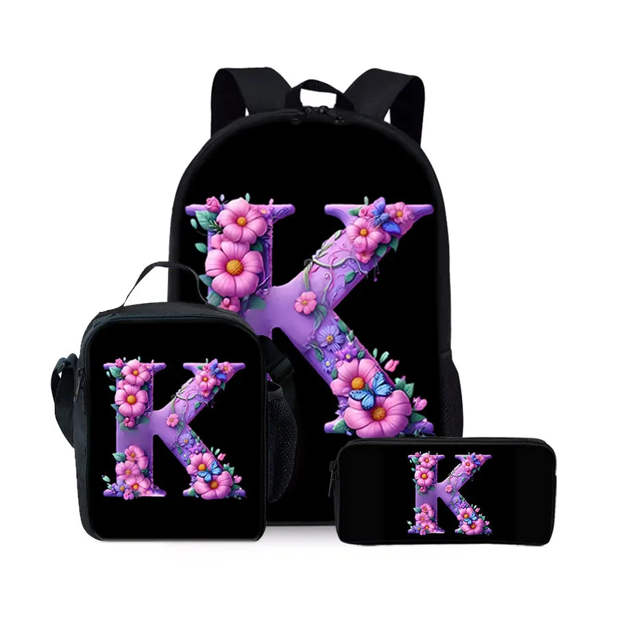English Alphabet Pattern 2D Flat Cartoon School Backpack Three Piece Set