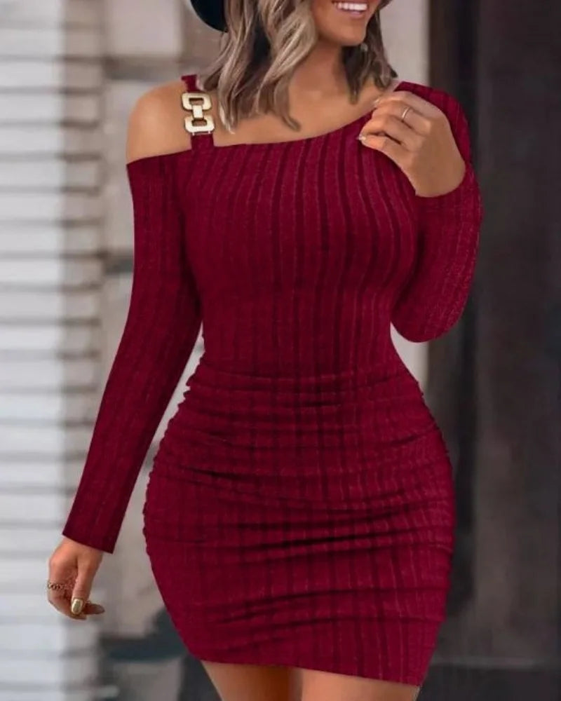 Shoulder Long Sleeve Bodycon With Metal Buckle Slim Fit Mini Dress