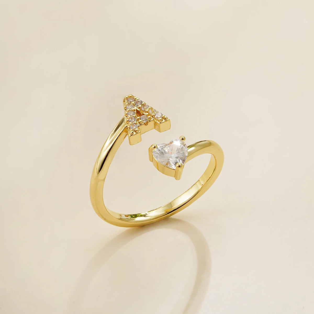 Gold Letter Open Heart Shape Cubic Zirconia  A-Z 26 Letter  Lnitials Rings