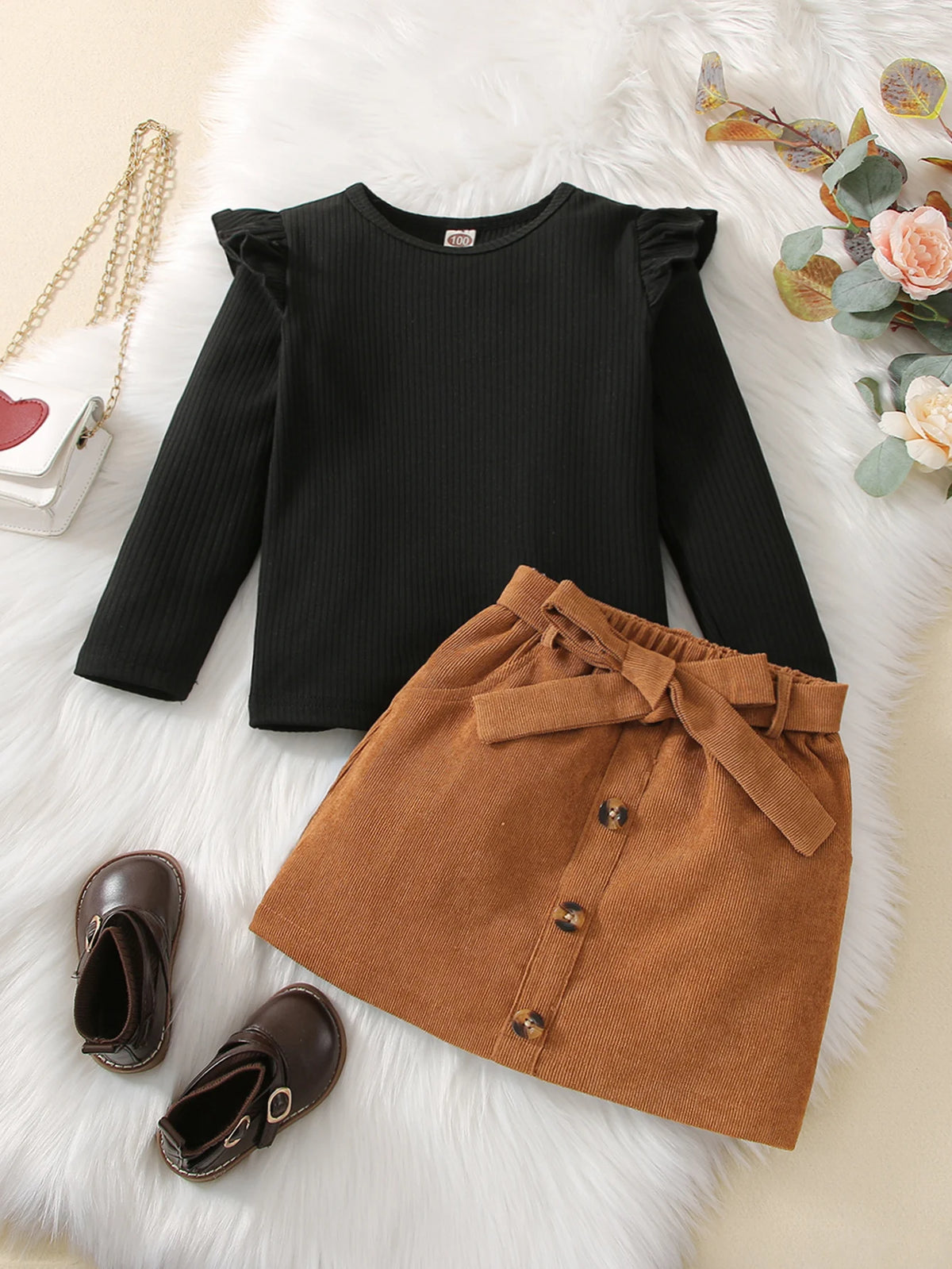 Spring and Autumn White Striped Round Neck Long Sleeved Set