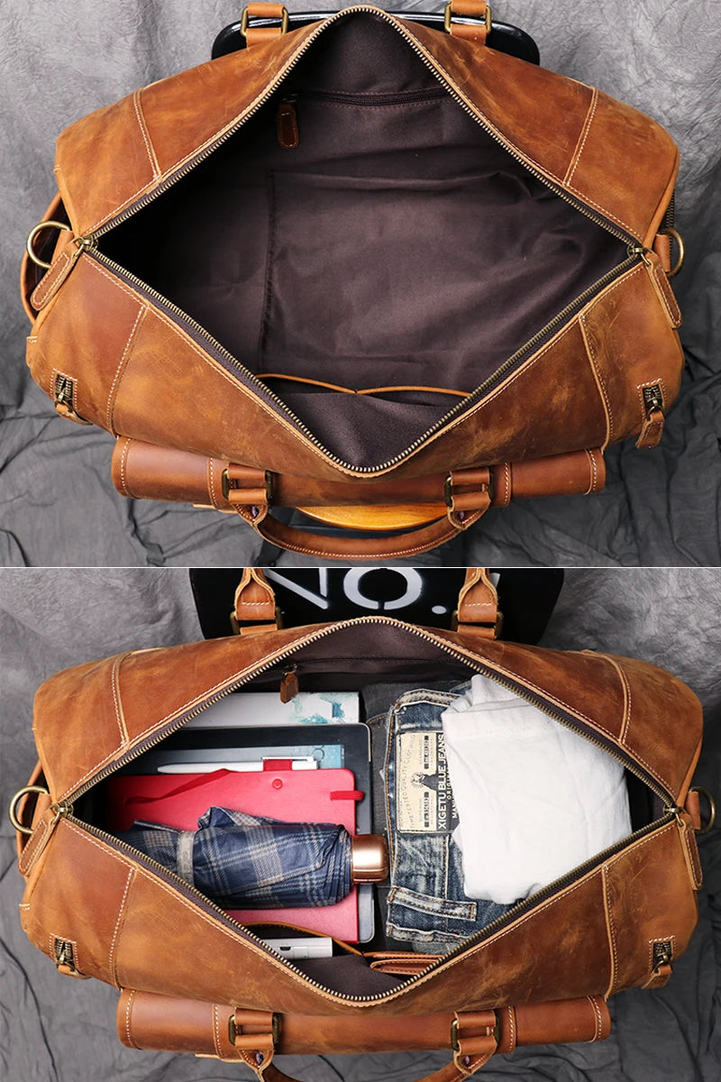 Vintage Crazy Horse Genuine Leather Travel Bag  Large Luggage