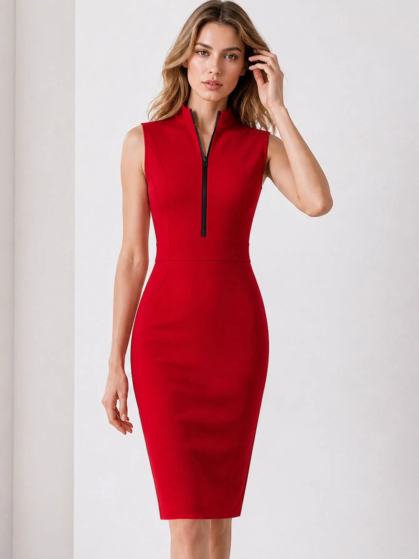 Elegant Zipper Sleeveless Patchwork Pencil Bodycon Sheath Dress