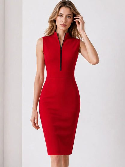 Elegant Zipper Sleeveless Patchwork Pencil Bodycon Sheath Dress