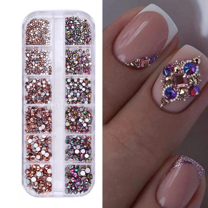 12Gird 3D Glass AB Crystal Nail Art Rhinestones Kit