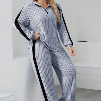 Elegant Casual Zipper Collar Long-Sleeve Top & Wide-Leg Pants Set