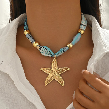 Boho Printed Fabric Choker Gold Starfish Shell Cowrie Necklace