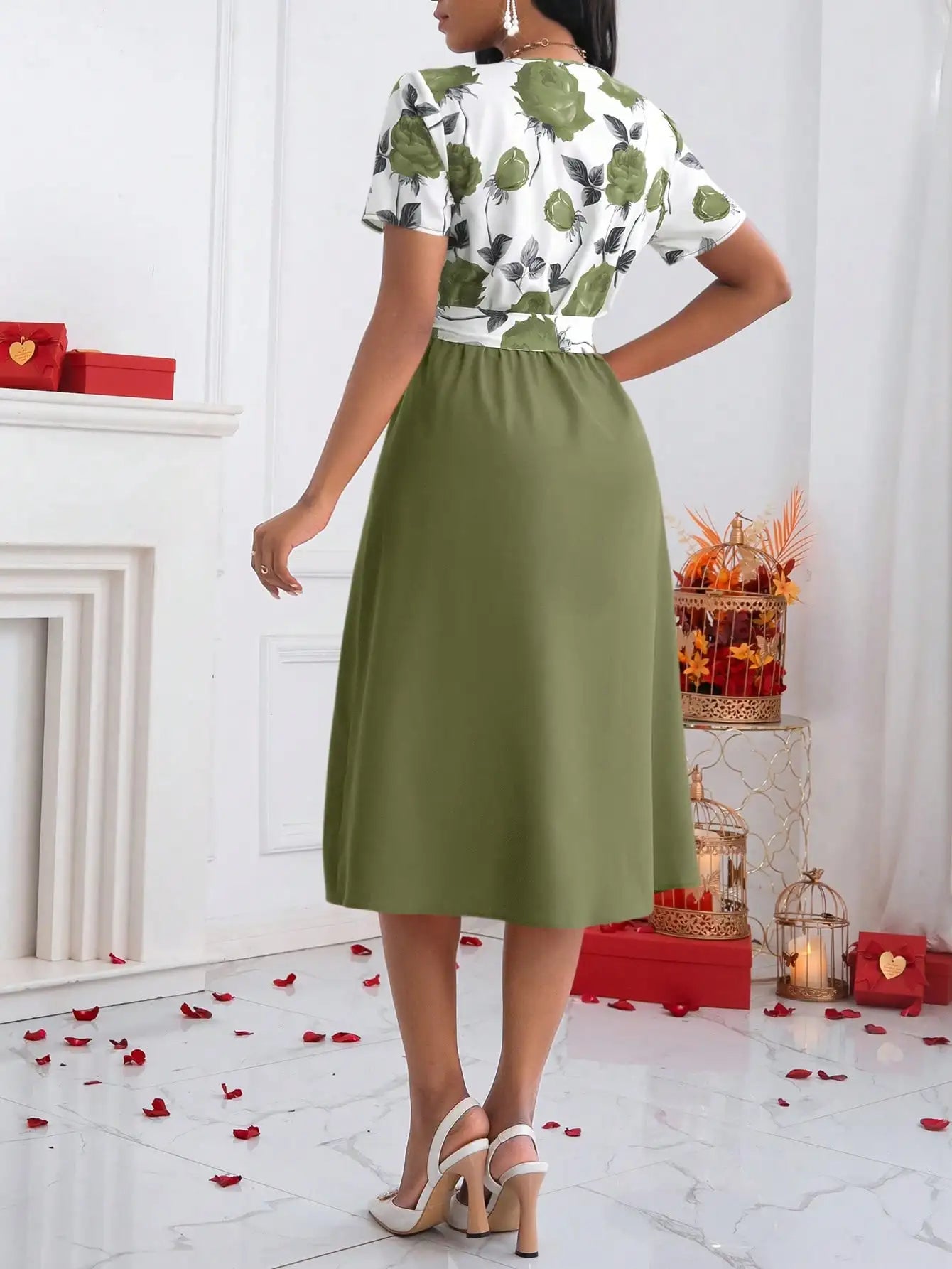Floral Print V-Neck Tie Waist Midi Dress