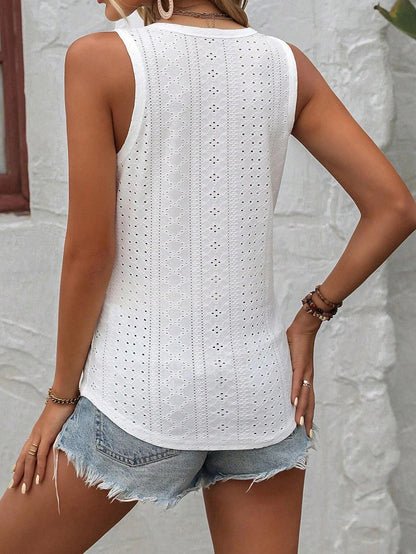 Plain Eyelet Casual Sleeveless Top Shirt