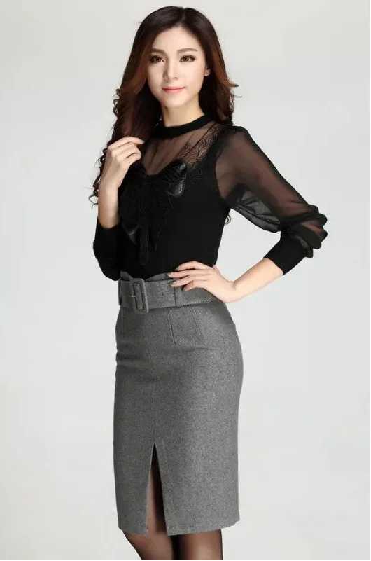 High waist casual mid-length wool pencil skirt
