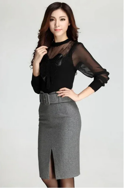High waist casual mid-length wool pencil skirt