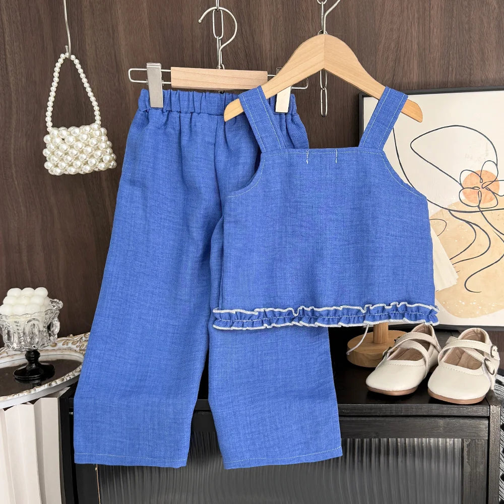 Korean Version Imitation Denim Bow Print Sleeveless Set